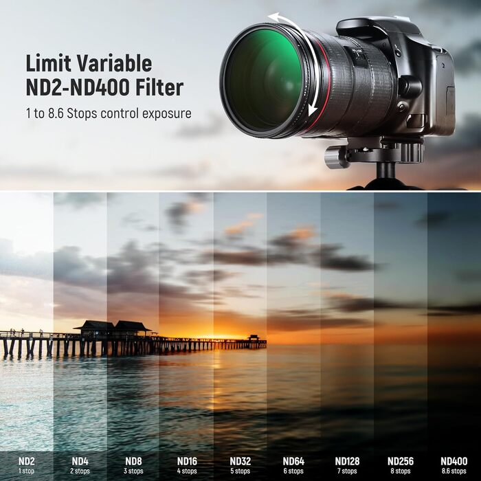 NEEWER Фільтр ND Variabler 67mm ND2-ND400, Градуйований ND-фільтр з HD склом та алюмінієвою рамкою