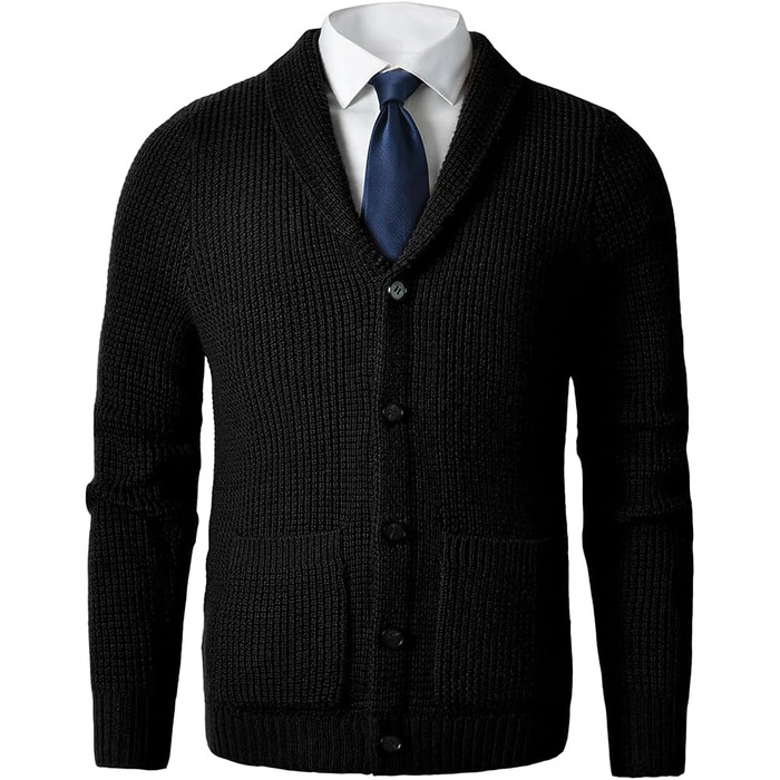 Чоловічий в'язаний кардиган з коміром-шарфом, рельєфний візерунок, ґудзикова застібка, мериносова вовна, 6XL, чорний