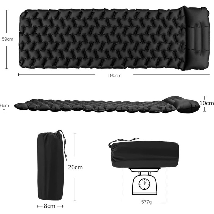 Ultralight Inflatable Camping Mat with Pillow - Waterproof Folding Air Mattress for Camping, Hiking, Travel & Backpacking - Black