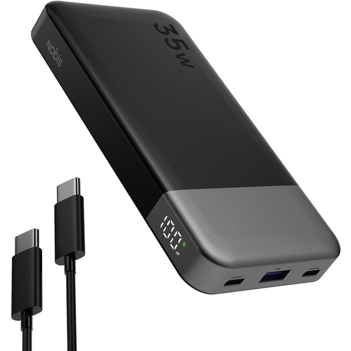 Power Bank Nobis 10000mAh 35W з кабелем USB-C та цифровою індикацією (Чорний)