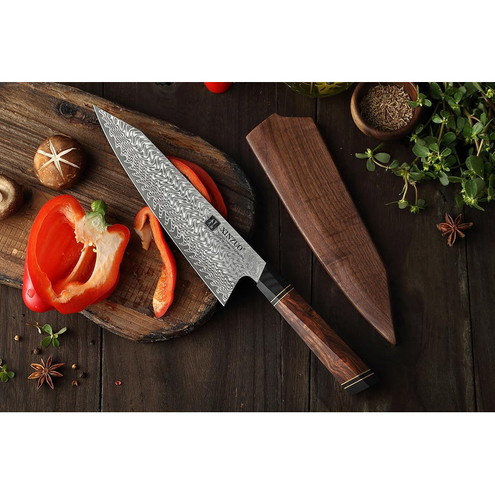 Японський ніж для кухні XINZUO Damaststahl 21.5 см, Kiritsuke, професійний, ручної роботи, з нержавіючої сталі Дамаск, дерев'яний потиск, магнітний чохол, подарункова коробка з акації
