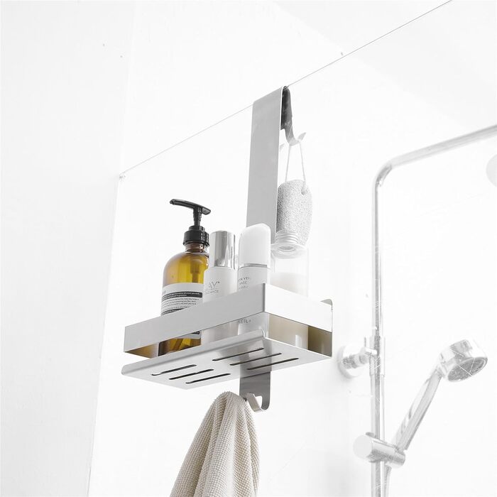 Kelelife Shower Shelf for Hanging, Shower Shelf No Drilling, Stainless Steel Shower Shelf with Hooks for Frameless Glass Door, Shampoo Holder for Shower (Silver)