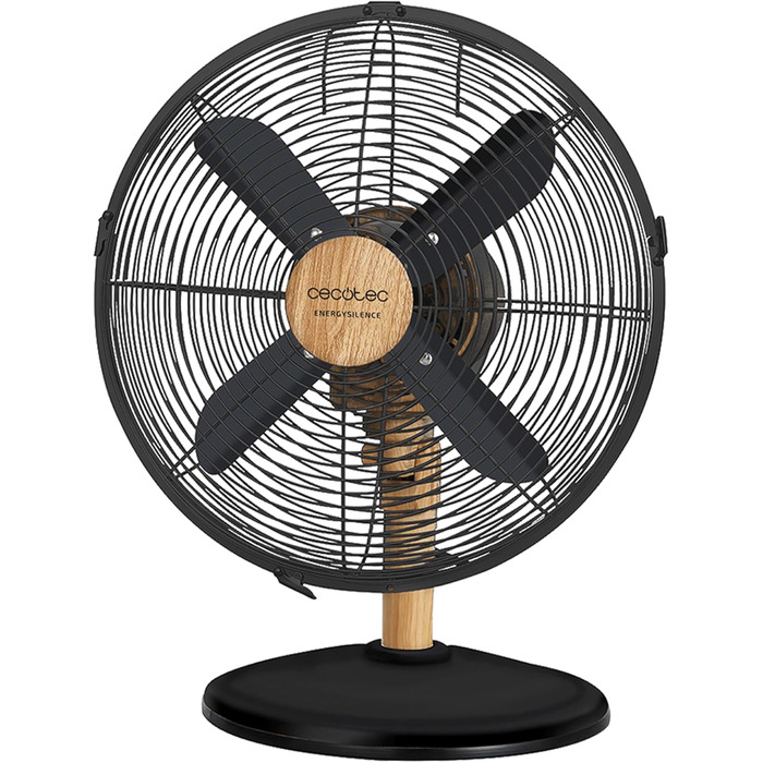 Вентилятор Cecotec EnergySilence 620 RetroDesk: 40 Вт, регульована висота, осциляція, діаметр 30.5 см, 4 лопаті, 3 швидкості, хромоване покриття, для столу, дерев'яний