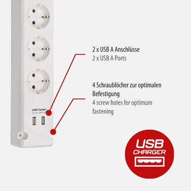Смуга розеток Brennenstuhl Bremounta з USB-зарядкою (5 розеток, вимикач, для кріплення на стіну, 2x та 3м кабель, білий)