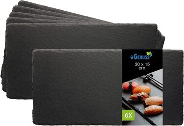 Set of 6 Slate Serving Boards, Tapas, Sushi Plates, Black Slate Serving Platter, Cheese Board – Tray Serving Tray with Non-Slip Pads – 30x15 cm