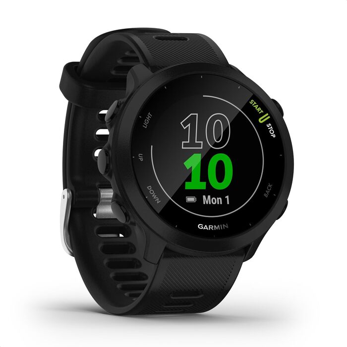 Garmin Forerunner 55 – GPS-годинник для бігу з кольоровим дисплеєм, що завжди активний, щоденними рекомендаціями для тренувань, прогнозом часу пробіжки, спортивними додатками, чорного кольору та з акумулятором до 14 днів. Single