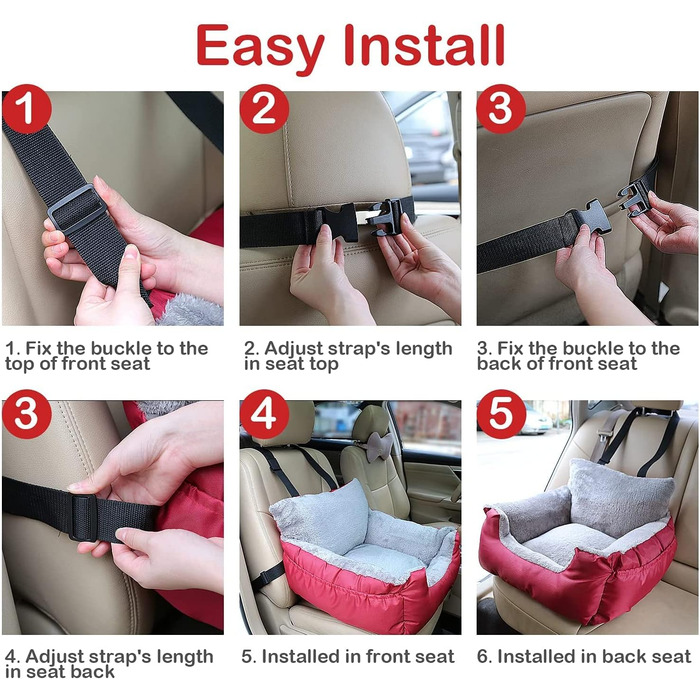 Автокрісло для собак та котів Fareyy - зручне та безпечне автоліжко для маленьких тварин, з підсумком та страхувальним ремінцем, водонепроникне, плюшеве, червоне