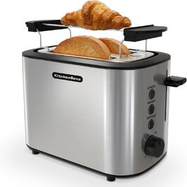 Тостер KitchenBoss на 2 скибки з підставкою для булочок, нержавіюча сталь, 6 режимів підсмажування, піддон для крихт, автоматичне вимкнення, функції розморожування та підігріву, 870 Вт