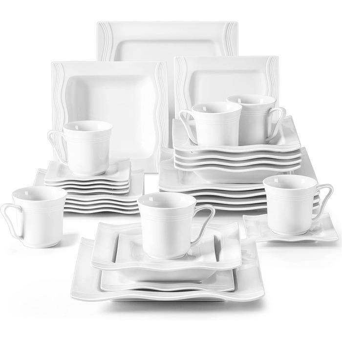MALACASA 30-Piece Porcelain Dinnerware Set - Classic White Dinner Set with Coffee Cups, Saucers, Dessert Plates, Soup Bowls & Dinner Plates