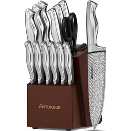 Astercook 15-Piece Kitchen Knife Set with Block - Stainless Steel, Sharpening Built-in, Dishwasher Safe