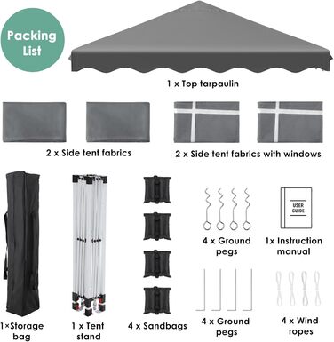 3x3 Gazebo, Waterproof Folding Gazebo Stable and Winter-Resistant, UV Protection 50+, 3x3 Folding Gazebo with 4 Side Walls, Height-Adjustable Garden Gazebo, Foldable Gazebo Tent for Camping, Parties (Gray)
