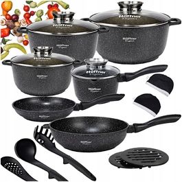 Набір каструль Hoffner, алюміній з мармуровим покриттям, чорний, 17 предметів