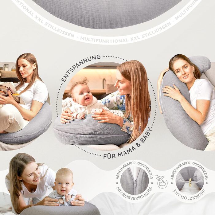 Подушка для вагітних та годування Sei Design XXL 190x35 см, мусліновий чохол (Taupe), ергономічна, з органічної бавовни