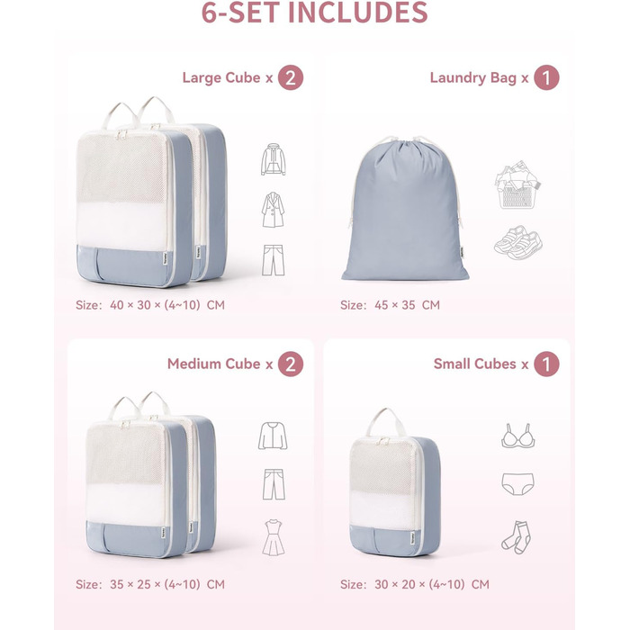 Набір органайзерів для валізи Narwey (6 шт.) - Кубики для пакування з компресією, Salbeigrün (бежевий)