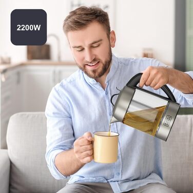 Електричний чайник BLACK+DECKER BXKE2202E, 1.2L, 2200W, 360° обертання, для лівшів, з автовимкненням, скляний