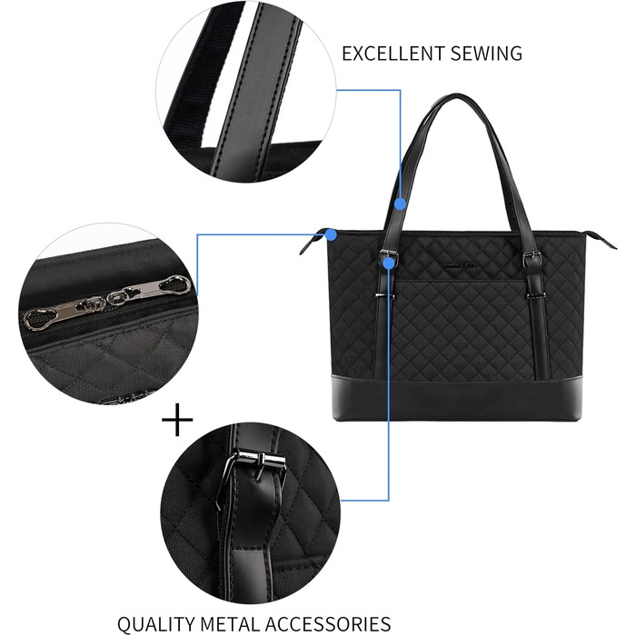 Сумка для ноутбука KROSER жіноча чорна елегантна 15.6 дюймів, велика легка сумка-тоут для бізнесу, школи, подорожей - стебнована