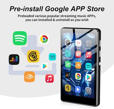 MP3 плеєр SWOFY 80GB з Bluetooth та Wi-Fi, 4.0-дюймовий сенсорний екран, Android MP4 плеєр з підтримкою Spotify, Amazon Music, FM-радіо та браузером (Чорний)