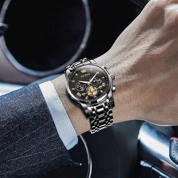 Годинник чоловічий OLEVS Chronograph, водонепроникний, аналоговий кварц, стильний, бізнес, з підсвічуванням, сталевий, великий циферблат (2856-чорний циферблат/чорний ремінець)