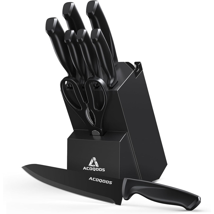 ACOQOOS 14-Piece Knife Block Set with Sharpener - Professional Kitchen Knife Set, Black