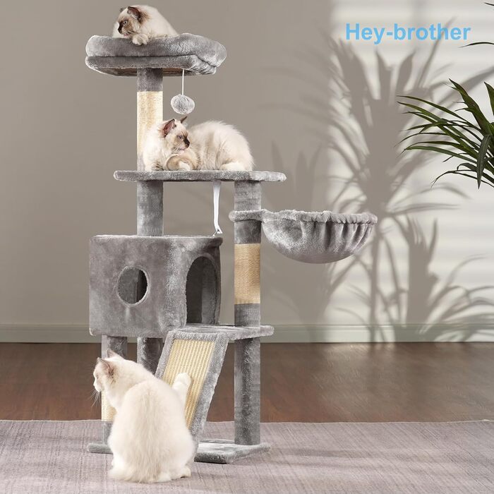 Котячий будиночок Hey-brother Kratzbaum 108 см, багатоярусний котячий комплекс з когтеточками, рампою, гніздечком та іграшками, сірий MPJ007SW