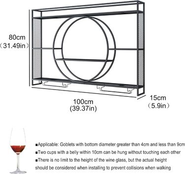 Настінна полиця для вина з металу, 100 см, з тримачем для келихів, LED-підсвічуванням, чорна. Ідеально для бару, вітальні, кухні.