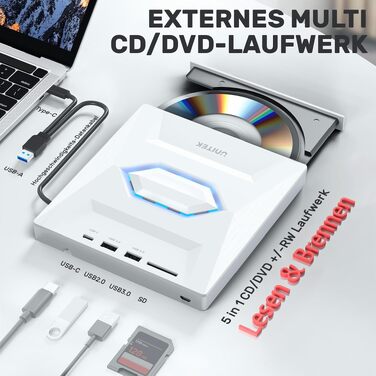 Зовнішній USB-C CD/DVD-привід UNITEK з картридером SD, USB 3.0 хабом та записом CD-ROM, білий — для ноутбуків, ПК (Windows, Linux, macOS)