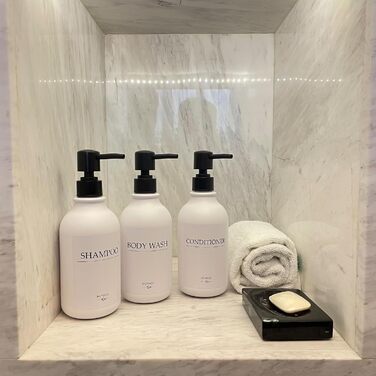 Набір диспенсерів для мила, шампуню та гелю для миття: 3 шт., 500 мл, без свердління, настінний монтаж, етикетки в комплекті, янтарний колір (чорна пляшка + біла помпа)