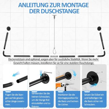 Регульована душова штанга U-подібної/L-подібної форми, 60-92 x 78-196 x 60-92 см, з 12 кільцями для шторки та підпоркою для стелі, чорна. Підходить для ванни/ванної кімнати. Потрібне свердловий монтаж.