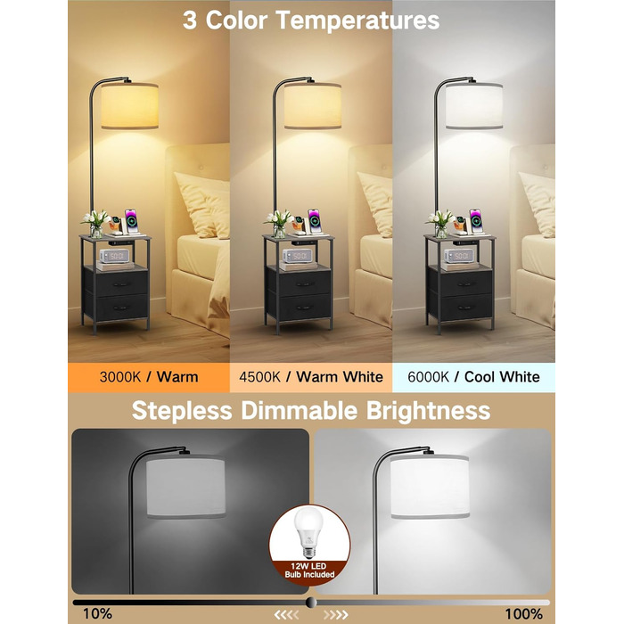 Стельова лампа для вітальні з поличкою та столиком, регульована LED, з пультом, 3 колірні температури, приліжний столик з підзарядкою та полицею, дерев'яний столик для спальні/офісу (сірий з шухлядами)