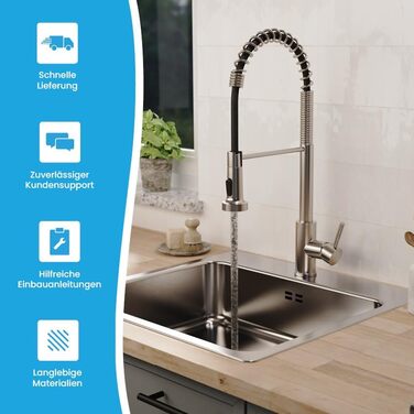 Кухонний змішувач Bächlein Nedo – поворотний на 360 градусів, з нержавіючої сталі, з гнуким гусаком та висувною лійкою, для кухні