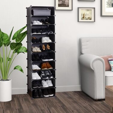 WOLTU Shoe Box, Shoe Storage, Set of 10, Stackable Design, for 20 Pairs, with Door, Hooks, 40x30x170 cm, White (47 x 35 x 170 cm, Black)