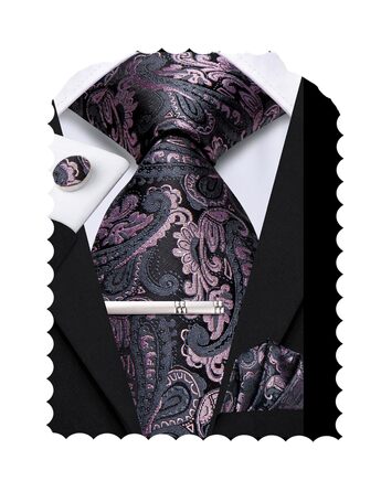 Набір крават-метелика для чоловіків Hi-Tie: краватка-метелик, нагрудна хустинка, затискач для краватки, запонки (Чорний, Рожевий)