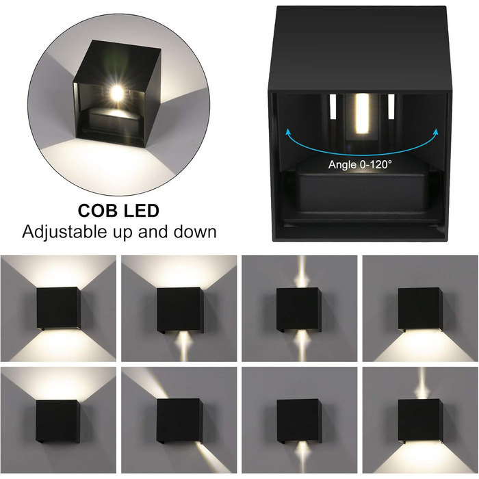 LED-стінні світильники LEDMO 4 шт. 12W, регульований світловий потік, тепле біле світло, IP65, вологостійкі, чорні