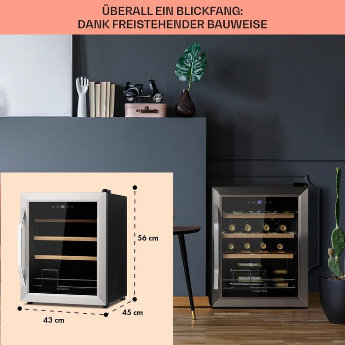 Klarstein Wine & Beverage Refrigerator - 1 Zone, UV Protection, 5-18°C, 16 Bottle Capacity, Freestanding, Silver & Black