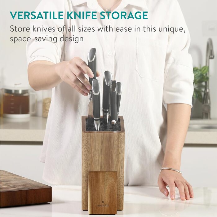 Navaris Knife Block with Smartphone and Tablet Holder - Knife Block without Knives - Multifunctional Kitchen Knife Block Made of Durable Acacia Wood - Washable Bristles