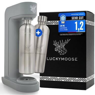 Luckymoose Infinity: Газована вода з 2 пляшками з нержавіючої сталі 1.25л - Економний апарат для газування води, сумісний з CO₂ балонами 60л (Сірий - 2x Срібло)