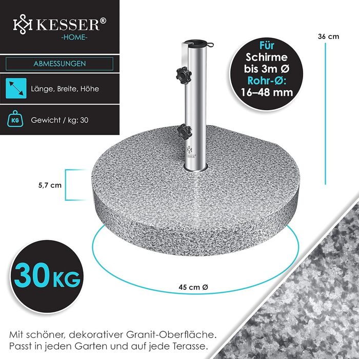 KESSER® Granit Parasol Stand with Stainless Steel Tube, High-Quality Round Base Stand 30KG - for Umbrella Poles up to 16-48 mm, Incl. Transport Handle Garden Balcony Parasol Stand, Grey