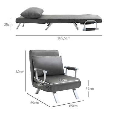 HOMCOM 3-in-1 Sleeper Sofa, Convertible Sleeper Chair, Guest Bed, Folding Mattress, Chaise Lounge, 65x69x80cm, Faux Leather, Grey