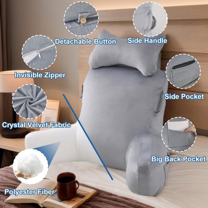 Крісло-мішок для читання, 90 x 80 см, XXL спинка, з підлокітником та знімною подушкою для шиї, сіре