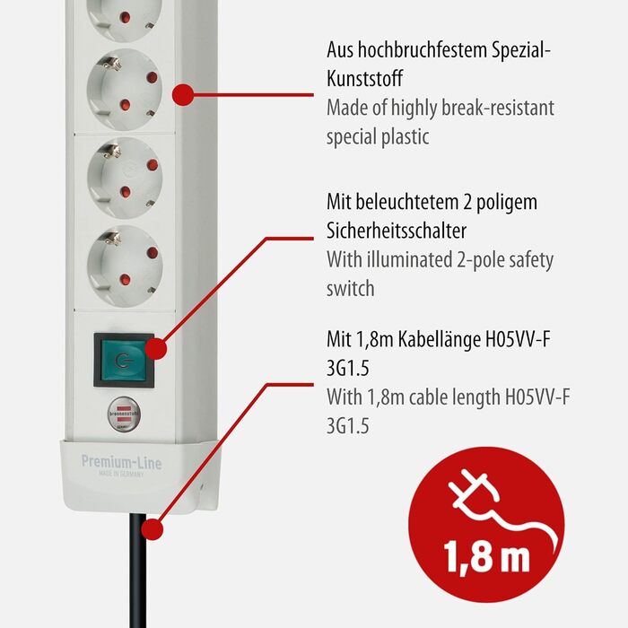 Бренненштуль Premium-Line Розподільник розеток 4-fach з вимикачем, 1.8м кабель, кут 45°, Made in Germany (світло-сірий)