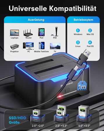 Док-станція для жорстких дисків POSUGEAR RGB USB 3.0 з підтримкою 2.5/3.5 SATA HDD/SSD, 2 відсіки, Offline Clone, UASP