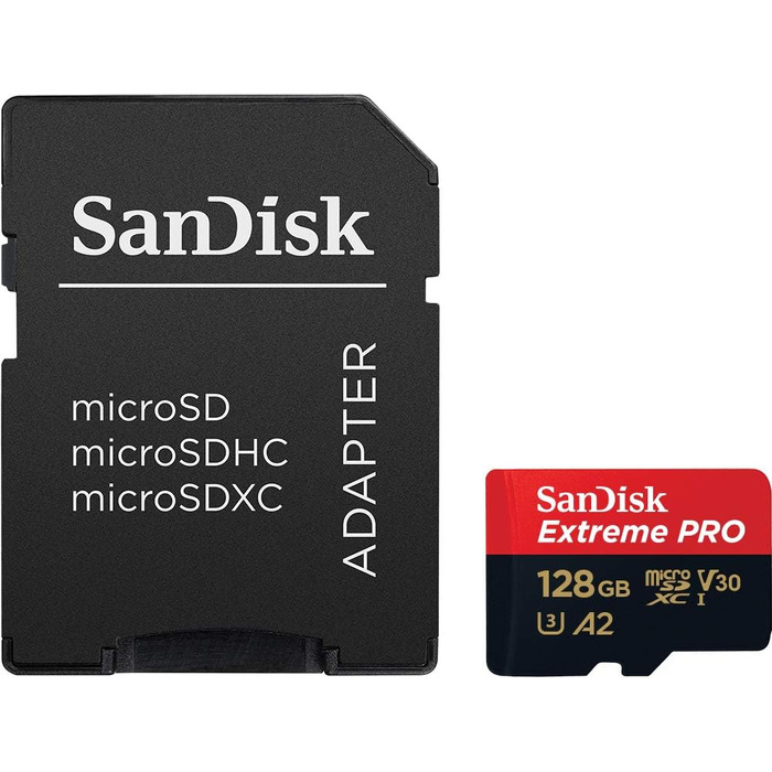 Карта пам'яті SanDisk Extreme PRO microSDXC UHS-I 128 GB з адаптером та RescuePRO Deluxe (A2, Class 10, V30, U3, до 200 МБ/с) для смартфонів, екшн-камер та дронів, чорна