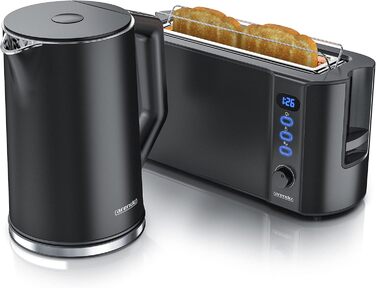 Набір чайник та тостер Arendo з нержавіючої сталі, чорний. Чайник 1.5л, регулювання температури 40-100°C, тостер на 2 тости з LED-дисплеєм, 6 ступенів підсмажування, підставка для булочок.