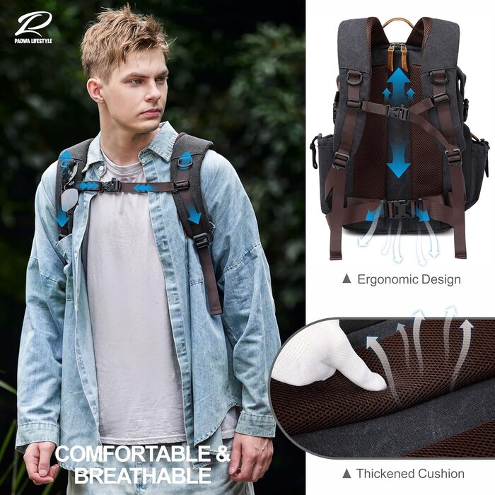 Рюкзак для фотокамери Padwa Lifestyle з вощеного полотна, 16' відділення для ноутбука/об'єктивів та відділення для штатива (Чорний, 30 літрів, Canvas)