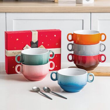 Набір тарілок для супу LOVECASA 420мл (6 шт) з ручками, керамічні, кольорові