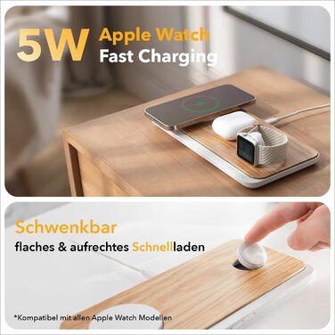 Woodcessories Multibase Pro: Бездротова зарядка 3-в-1 для iPhone, Apple Watch, AirPods з адаптером 45W (Дуб)