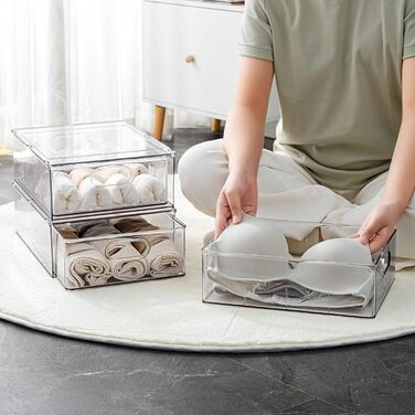 Refrigerator Organizer Drawer Set with Handle, 3-Piece Stackable Kitchen Storage Boxes with Pull-Out Drawer & Lid for Vegetables, Berries, Meat | PET Plastic Food Storage Containers (2 packs with drawer - 6L * 2)