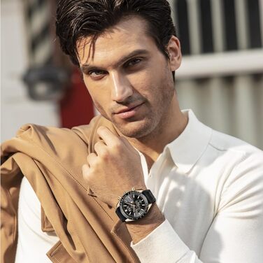 Годинник чоловічий BENYAR Chronograph з аналоговим кварцовим механізмом, шкіряний ремінець, стильний дизайн для бізнесу та спорту, водонепроникність 30M, елегантний подарунок для чоловіків (чорний ремінець/рожево-золотий корпус/чорний циферблат)