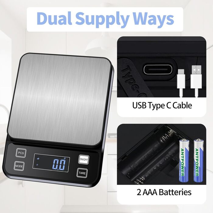 Кухонні ваги HOWEIFULL Digital 15 кг з великою поверхнею, USB зарядка, харчові, з нержавіючої сталі, точність 1 г (Чорний)