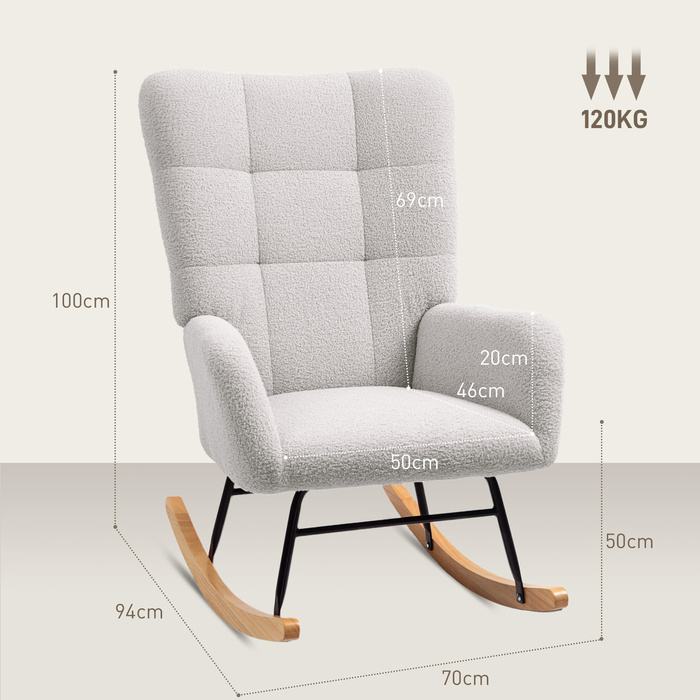 HOMCOM Rocking Chair, Rocking Armchair with Armrests, Teddy Velvet-Look, Relaxing Chair with Wooden Skids, Swivel Chair Silent Chair for Bedroom, Living Room, Light Grey | Aosom